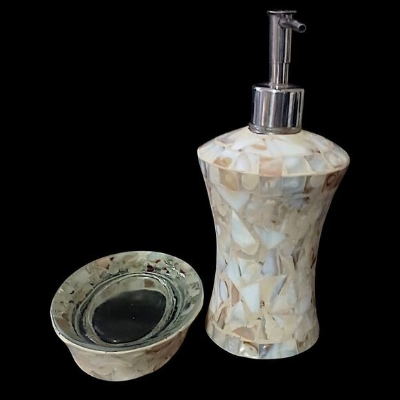 Capiz Shell Mosaic Soap Dispenser Set Of 2 Dish Mother Of Pearl Glass Bathroom.  - Picture 9 of 16